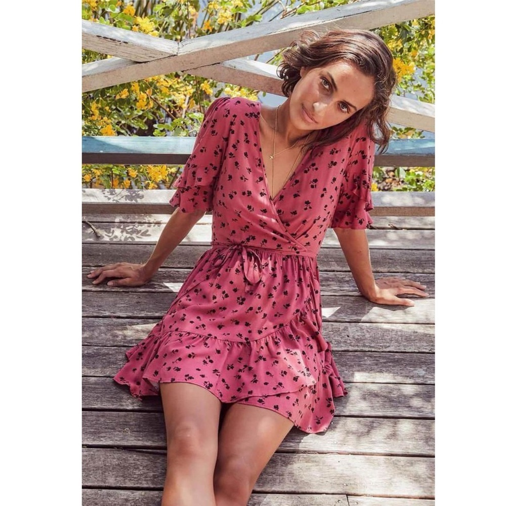 Auguste the Label Mabel Goldie Wrap Mini Dress Pink Floral Ruffle Sleeves M